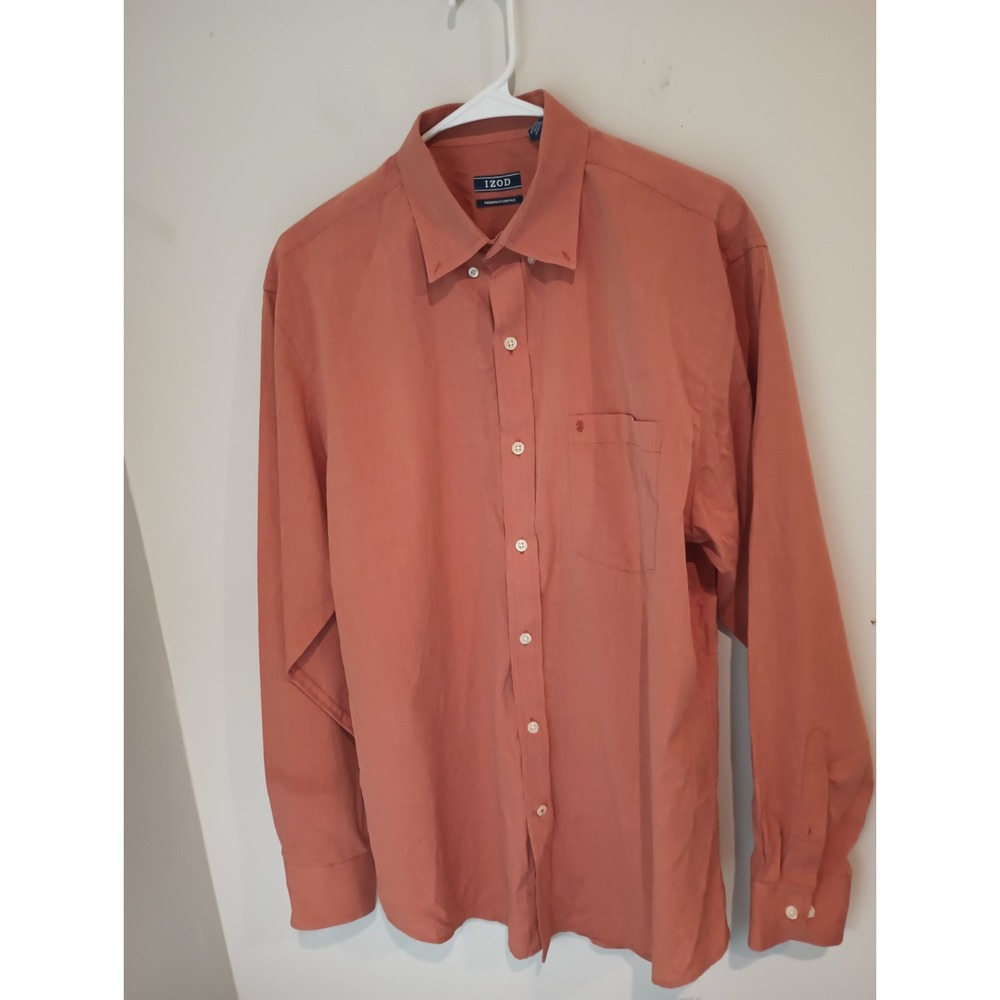 IZOD Premium Essentials Mens Shirt Medium Orange Salmon Long Sleeve Button Down